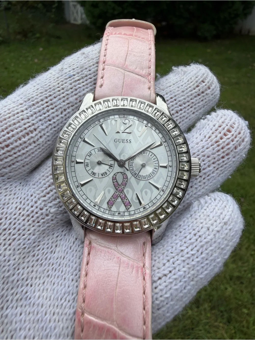 Guess Breast Cancer Awareness Watch U11542L1 Pink Ribbon Crystal Bezel Leather